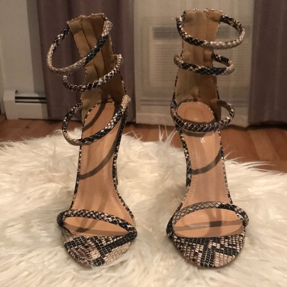 strappy snake print heels
